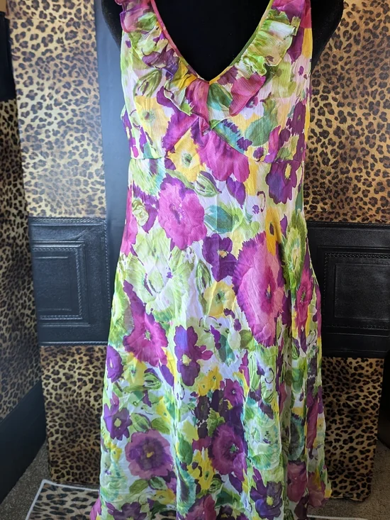 Sleeveless Ruffle V-Neck Floral Midi Dress in Pink & Green - Picture 2 of 6